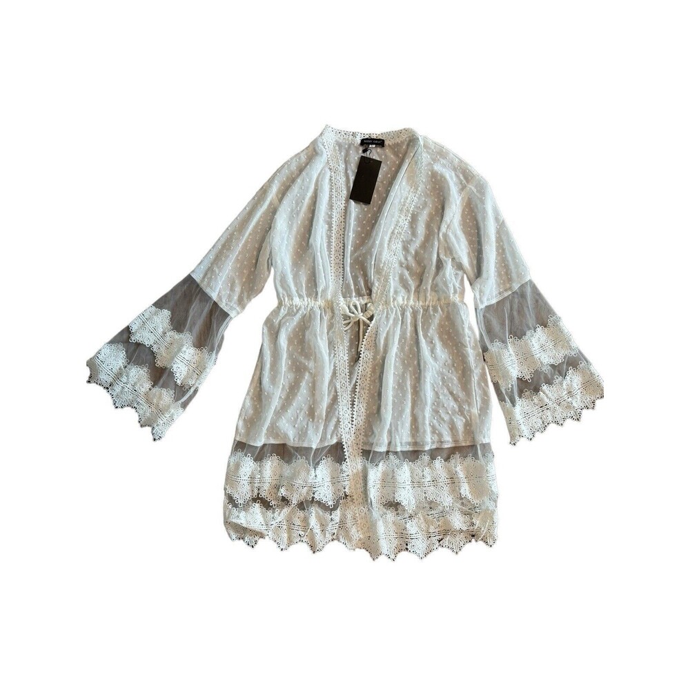 Miss Ord Lace Overlay Wedding Cover Up Beach Boho Contemporary Tie Cardigan Sz L